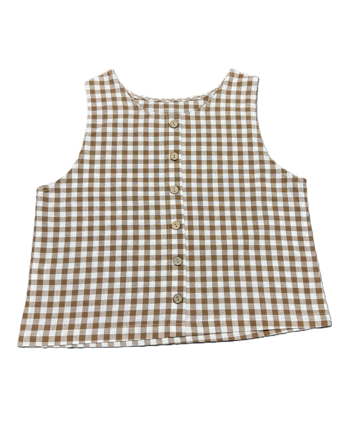 Gingham Check Sleeveless Tank With Button Back - Khaki