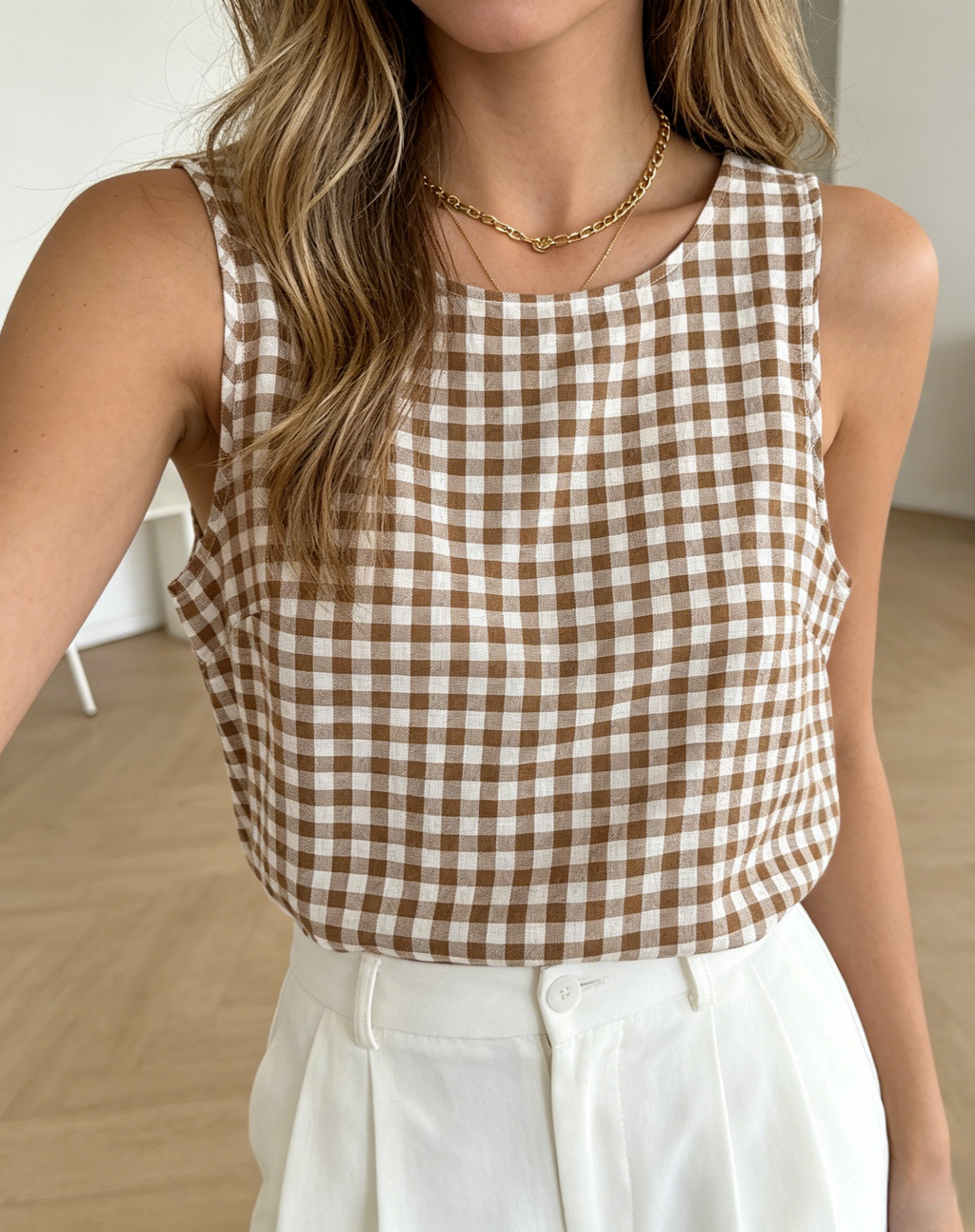 Gingham Check Sleeveless Tank With Button Back