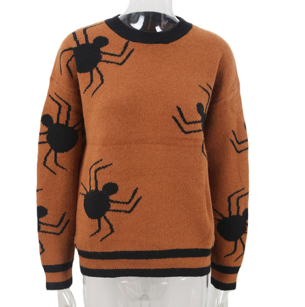 Black Spider Knit Halloween Crewneck Sweater - Camel - 1