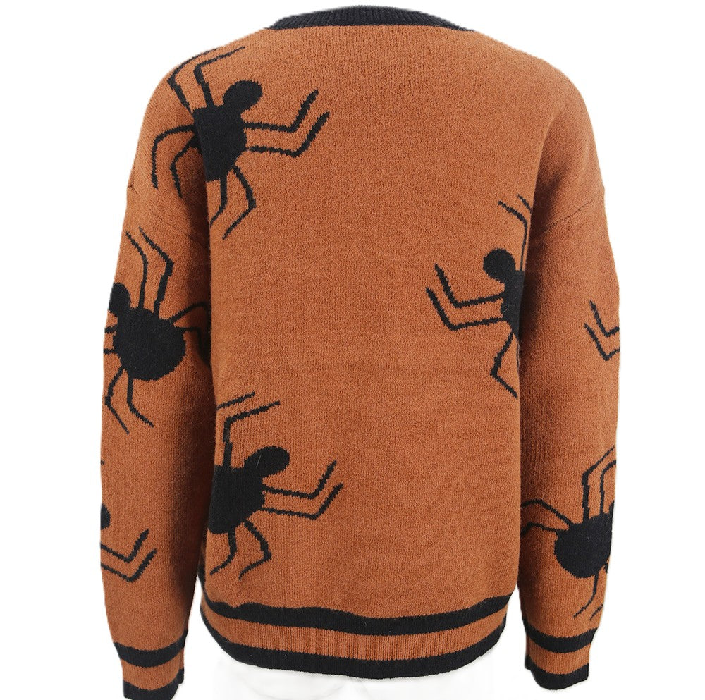 Black Spider Knit Halloween Crewneck Sweater - Camel - 2