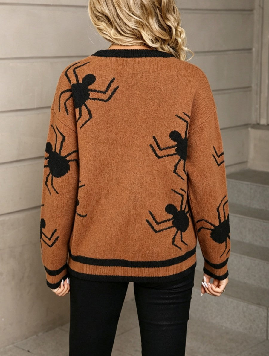 Black Spider Knit Halloween Crewneck Sweater - Camel - 5