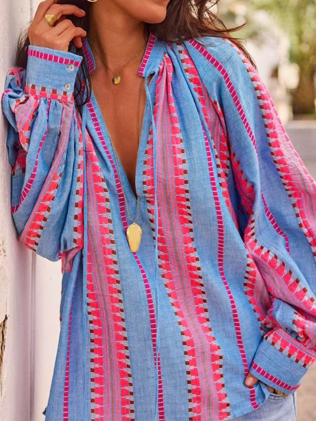 Boho Stripe Blouse With Tassel Tie Neckline - Blue