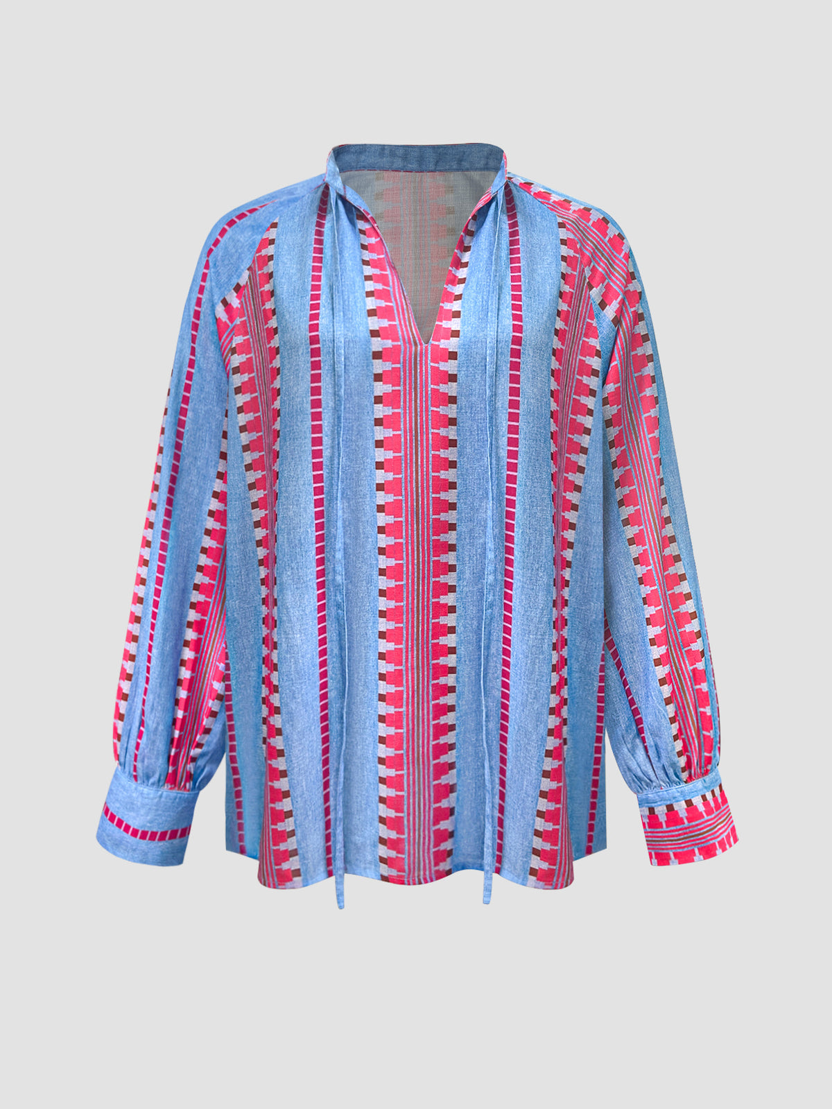 Boho Stripe Blouse With Tassel Tie Neckline - Blue - 1