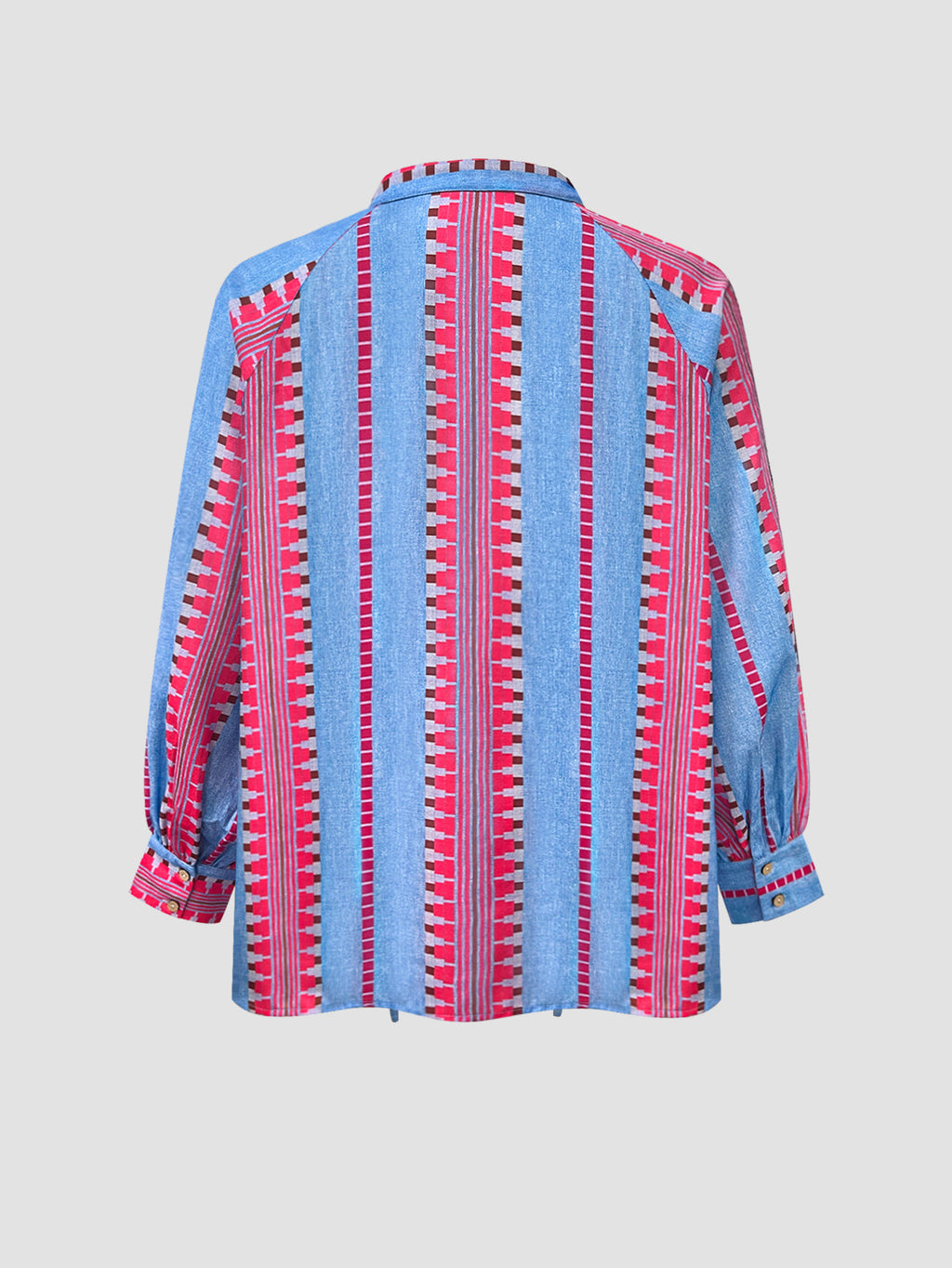 Boho Stripe Blouse With Tassel Tie Neckline - Blue - 2