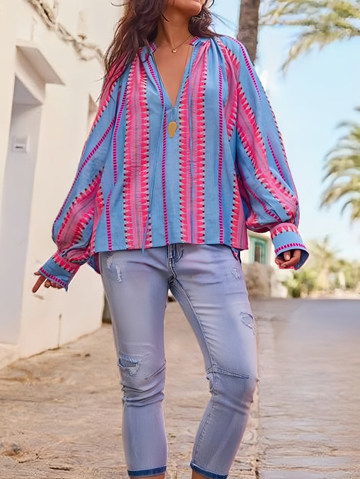 Boho Stripe Blouse With Tassel Tie Neckline - Blue - 3