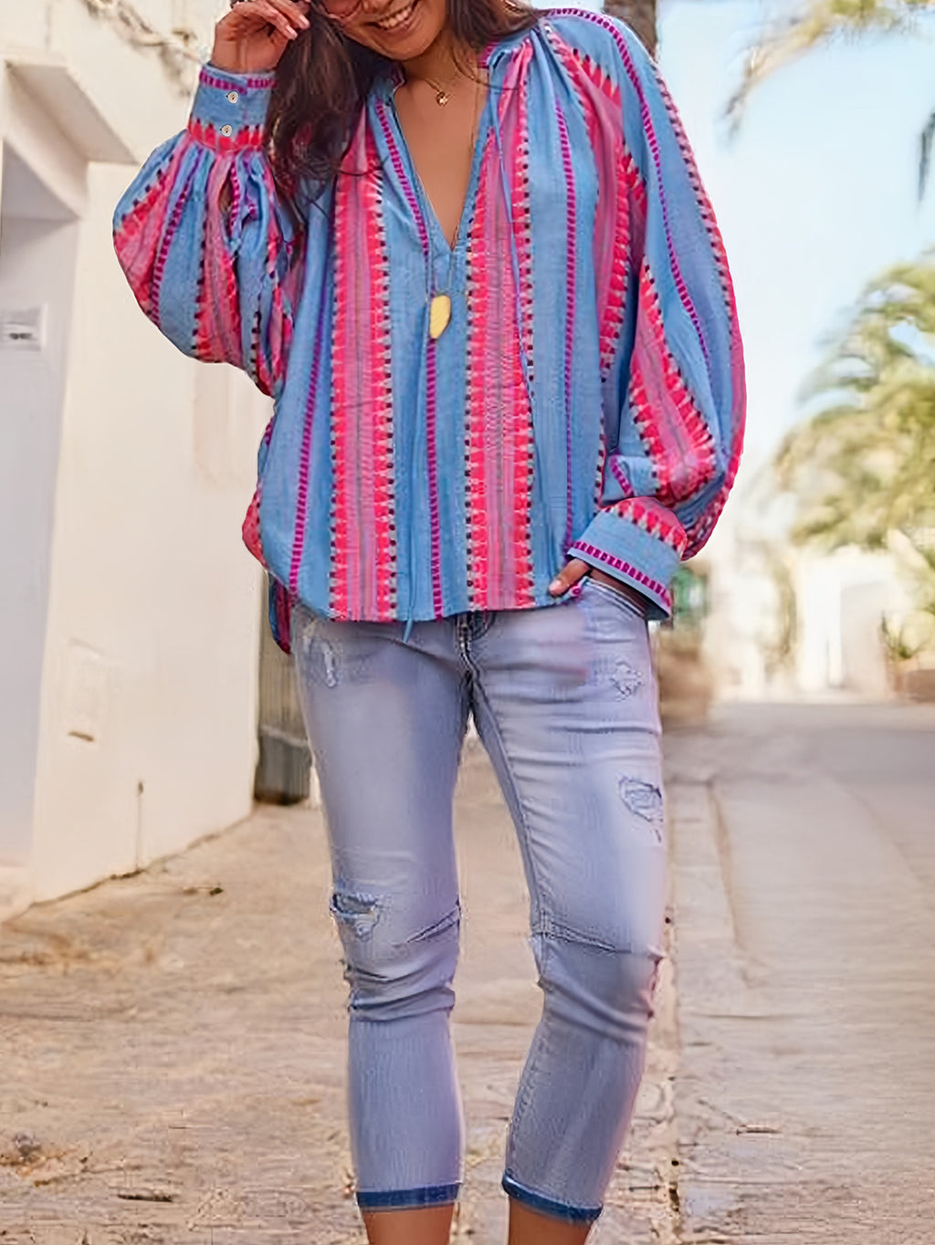 Boho Stripe Blouse With Tassel Tie Neckline - Blue - 4