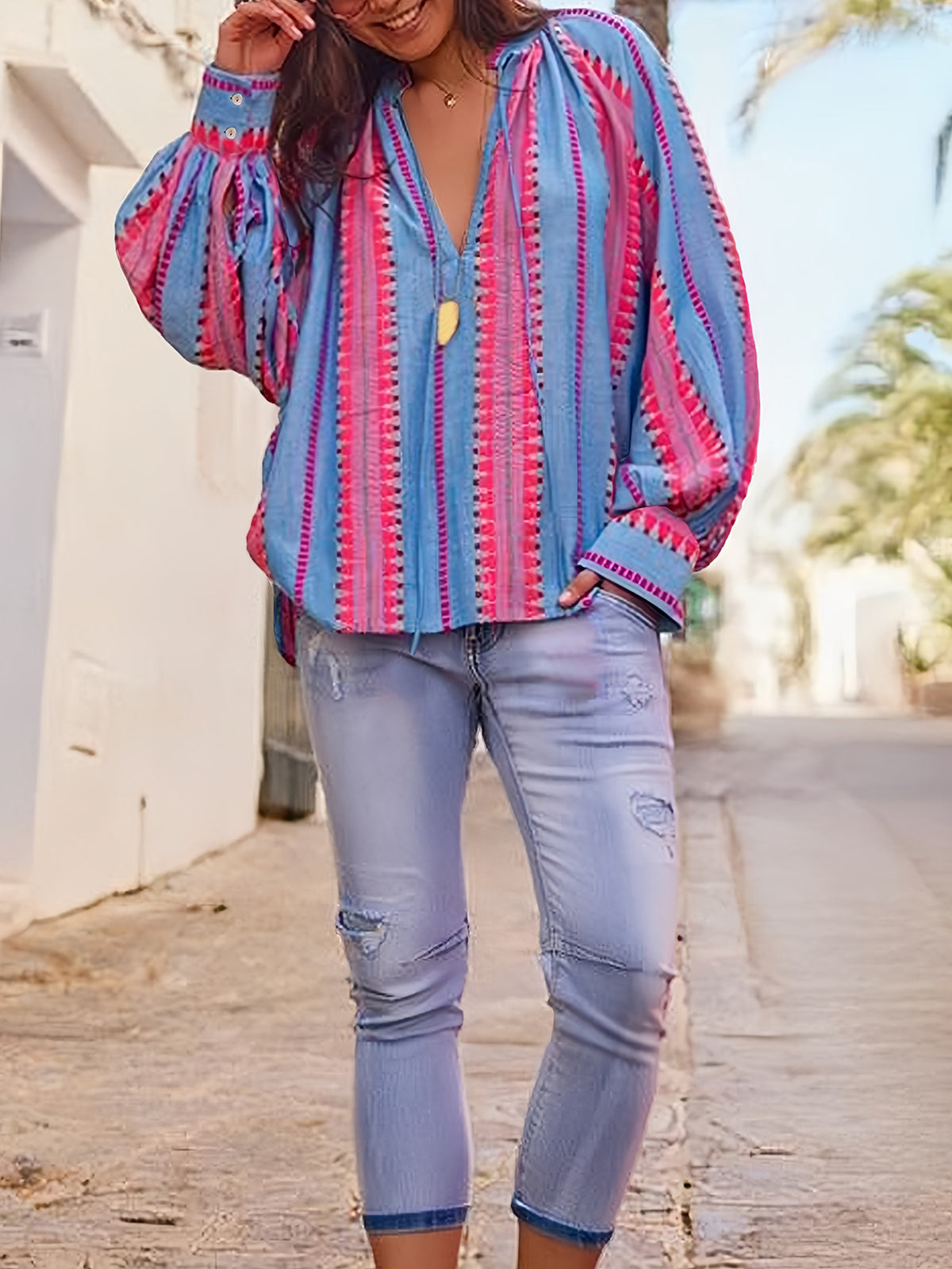 Boho Stripe Blouse With Tassel Tie Neckline - Blue - 4
