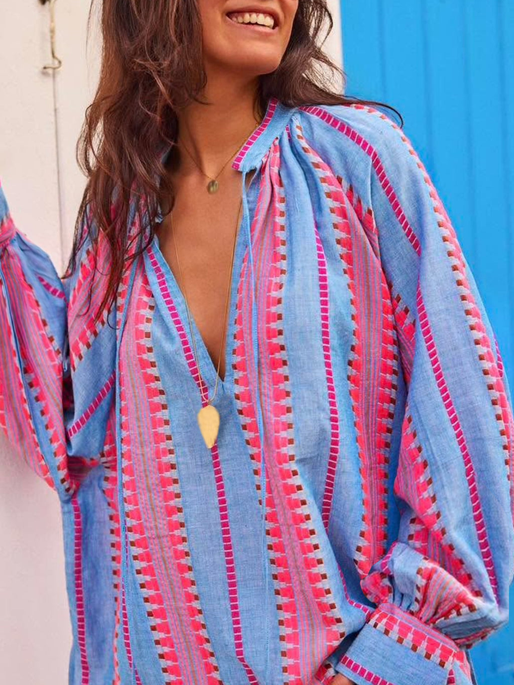 Boho Stripe Blouse With Tassel Tie Neckline - Blue - 5