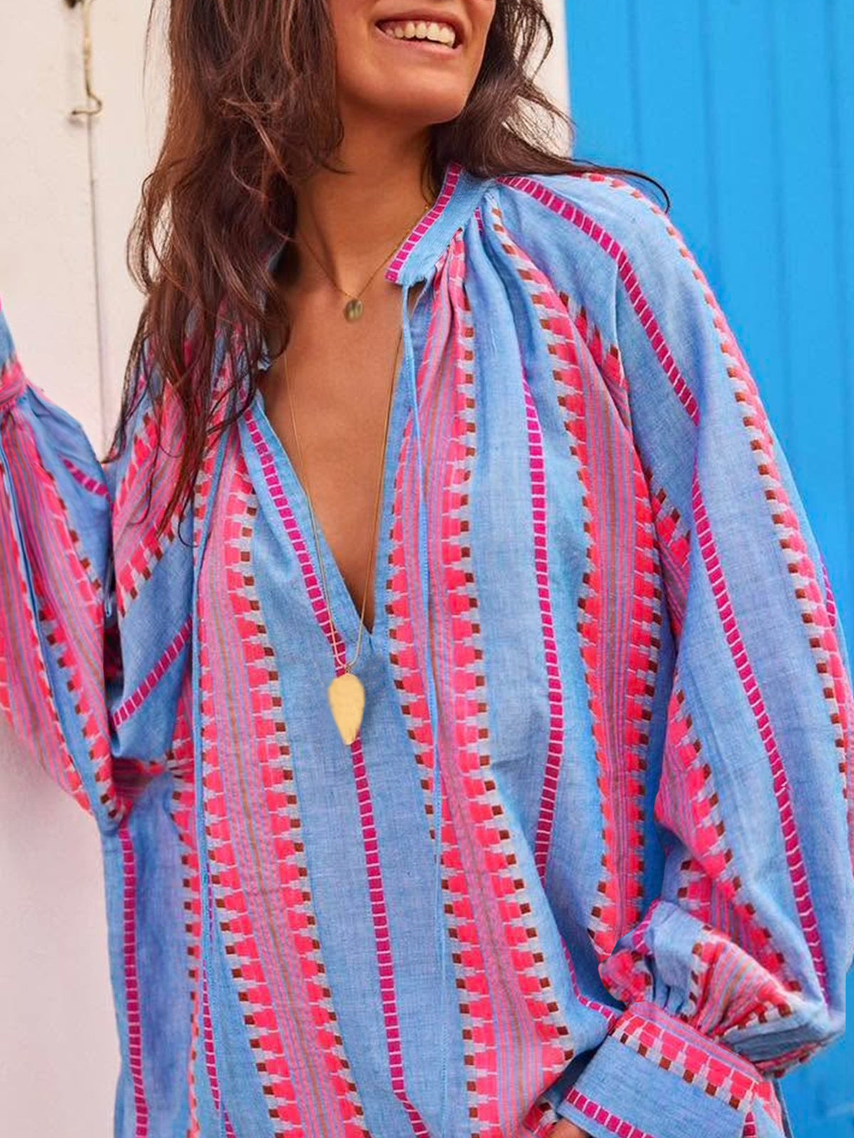 Boho Stripe Blouse With Tassel Tie Neckline - Blue - 5