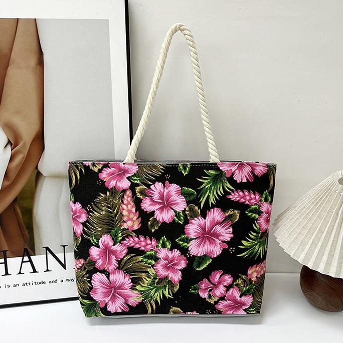 Hibiscus Print Canvas Beach Tote - Black