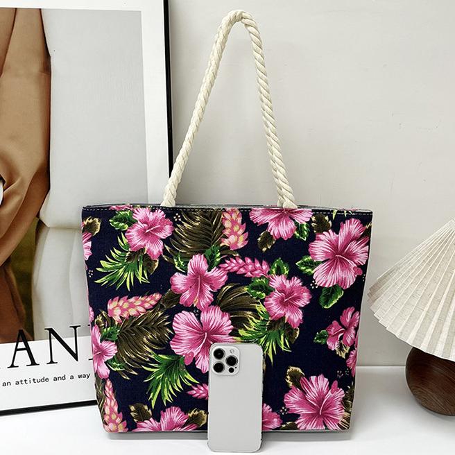 Hibiscus Print Canvas Beach Tote - Black - 2