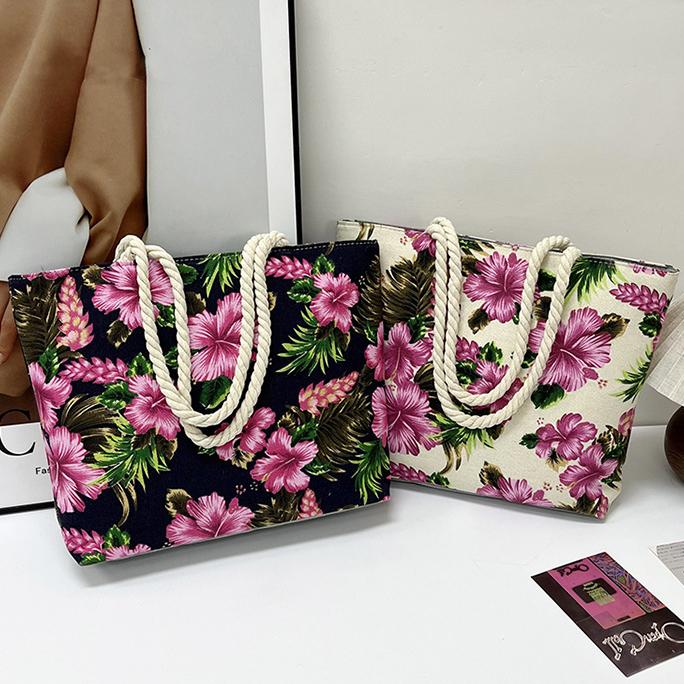 Hibiscus Print Canvas Beach Tote - Black - 6