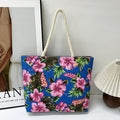 Hibiscus Print Canvas Beach Tote - Blue