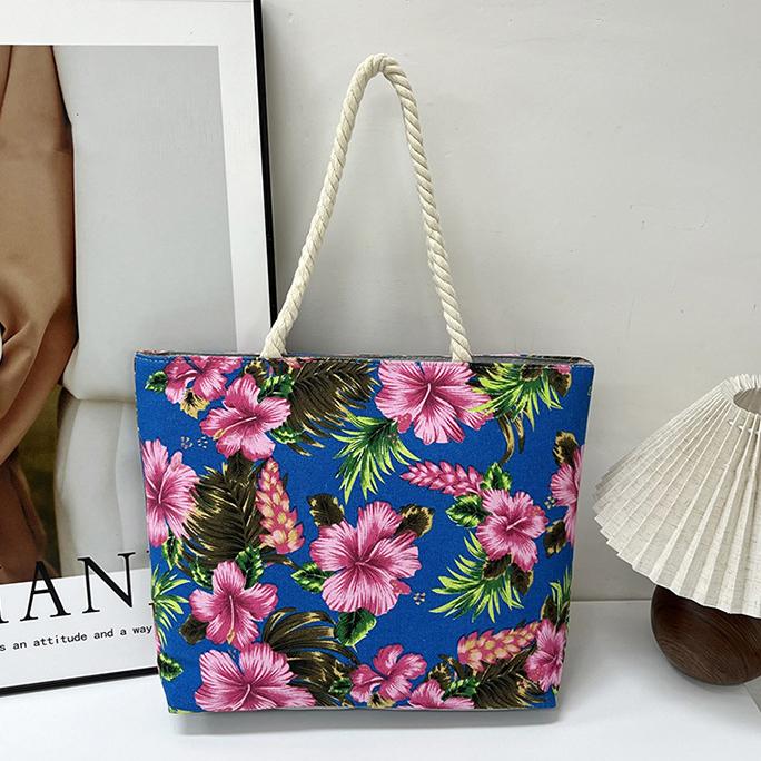 Hibiscus Print Canvas Beach Tote - Blue