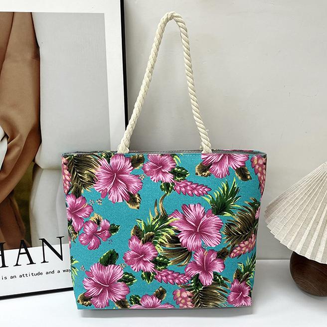 Hibiscus Print Canvas Beach Tote - Green