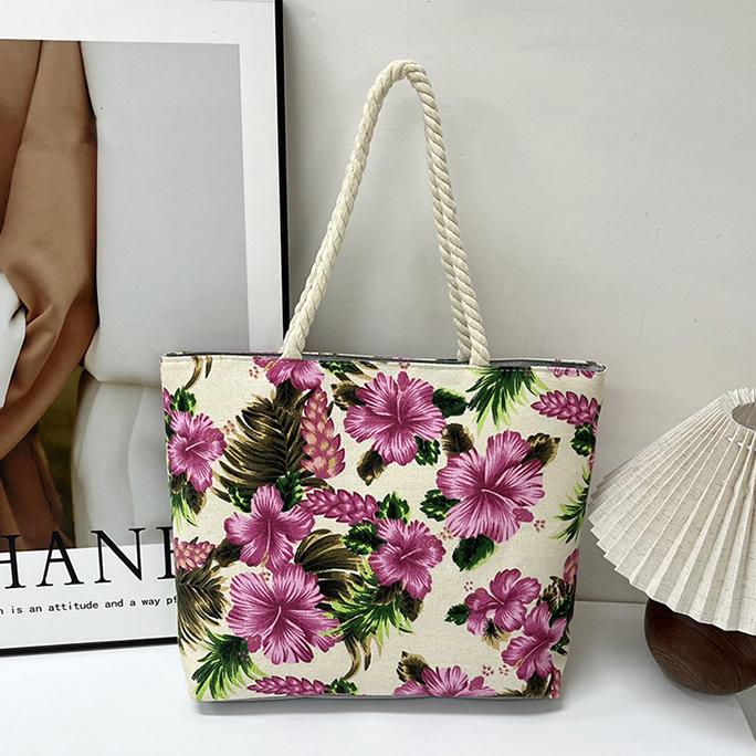 Hibiscus Print Canvas Beach Tote - Offwhite