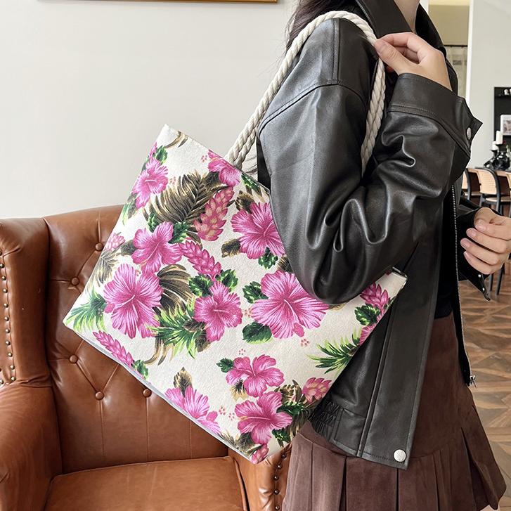 Hibiscus Print Canvas Beach Tote - Offwhite - 1
