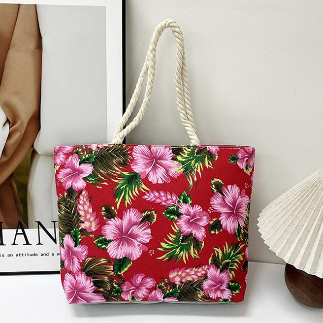 Hibiscus Print Canvas Beach Tote - Red