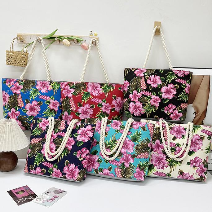 Hibiscus Print Canvas Beach Tote - view 1