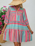 Geo Stripe Bell Sleeve Tiered Dress - pink