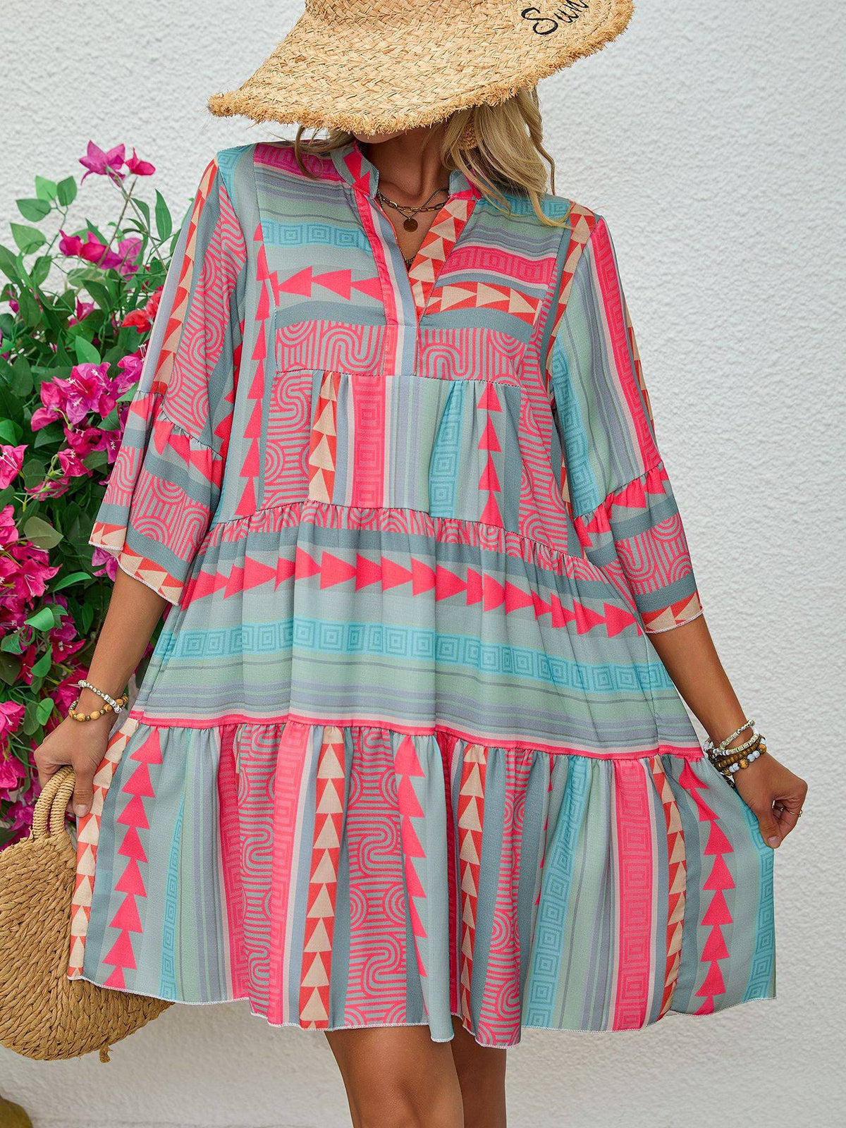 Geo Stripe Bell Sleeve Tiered Dress - pink