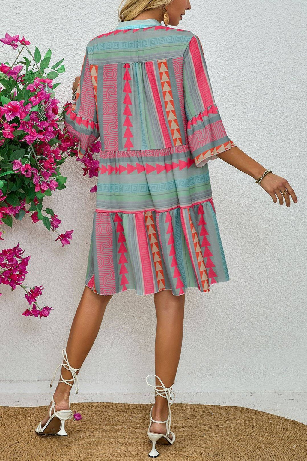 Geo Stripe Bell Sleeve Tiered Dress - pink - 1