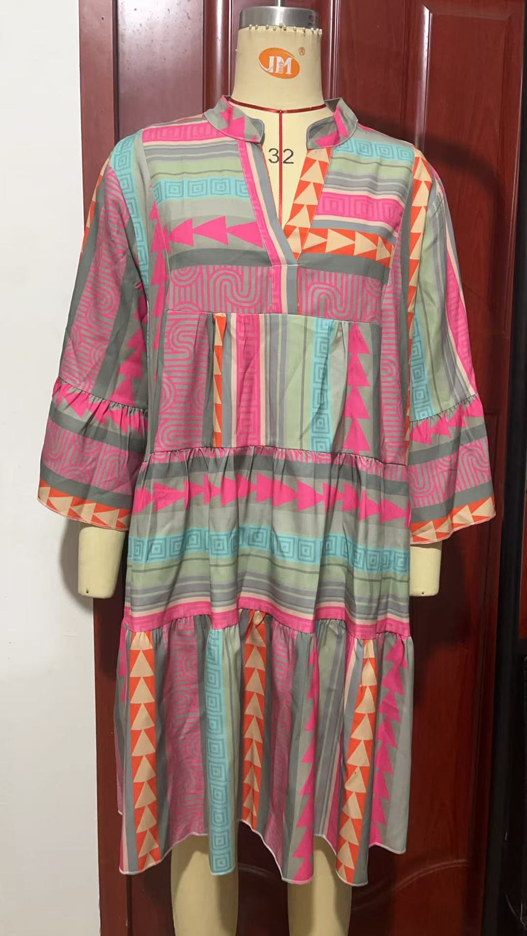 Geo Stripe Bell Sleeve Tiered Dress - pink - 2