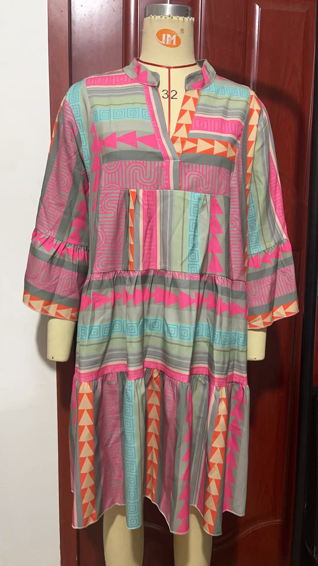 Geo Stripe Bell Sleeve Tiered Dress - pink - 2
