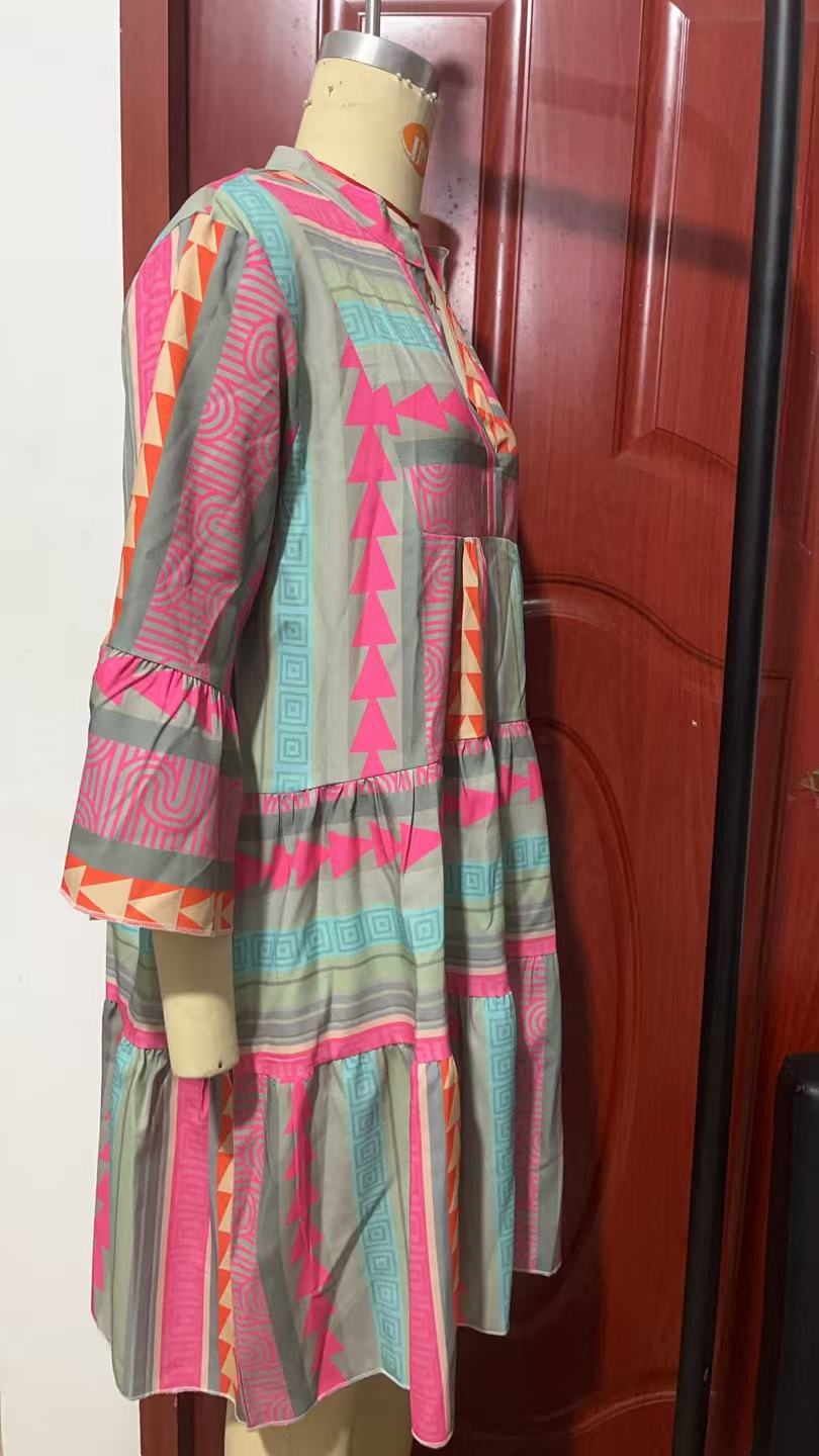 Geo Stripe Bell Sleeve Tiered Dress - pink - 5
