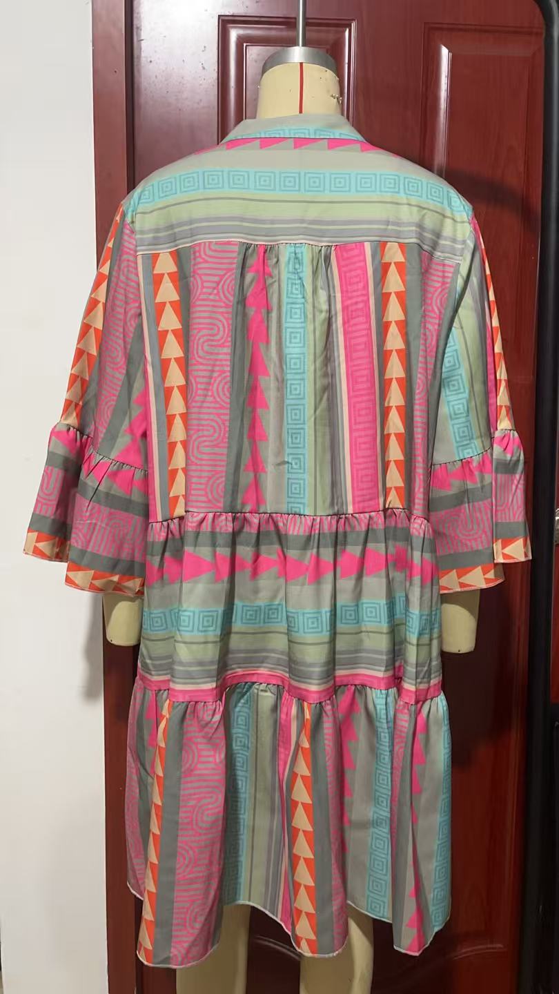 Geo Stripe Bell Sleeve Tiered Dress - pink - 6
