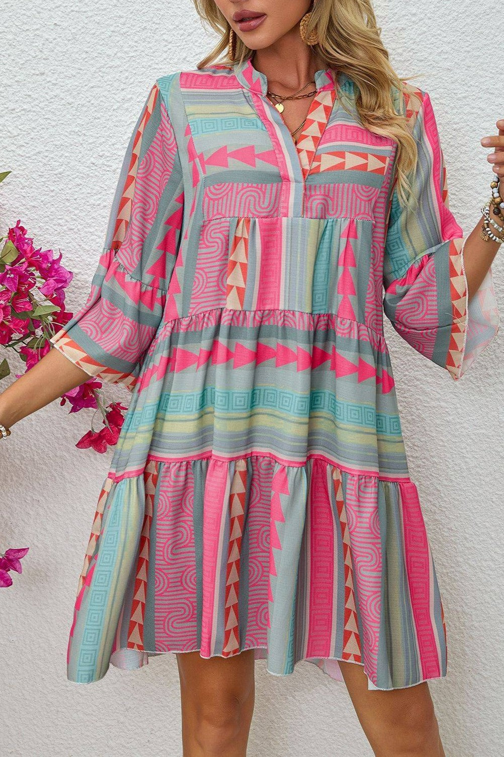 Geo Stripe Bell Sleeve Tiered Dress - pink - 7