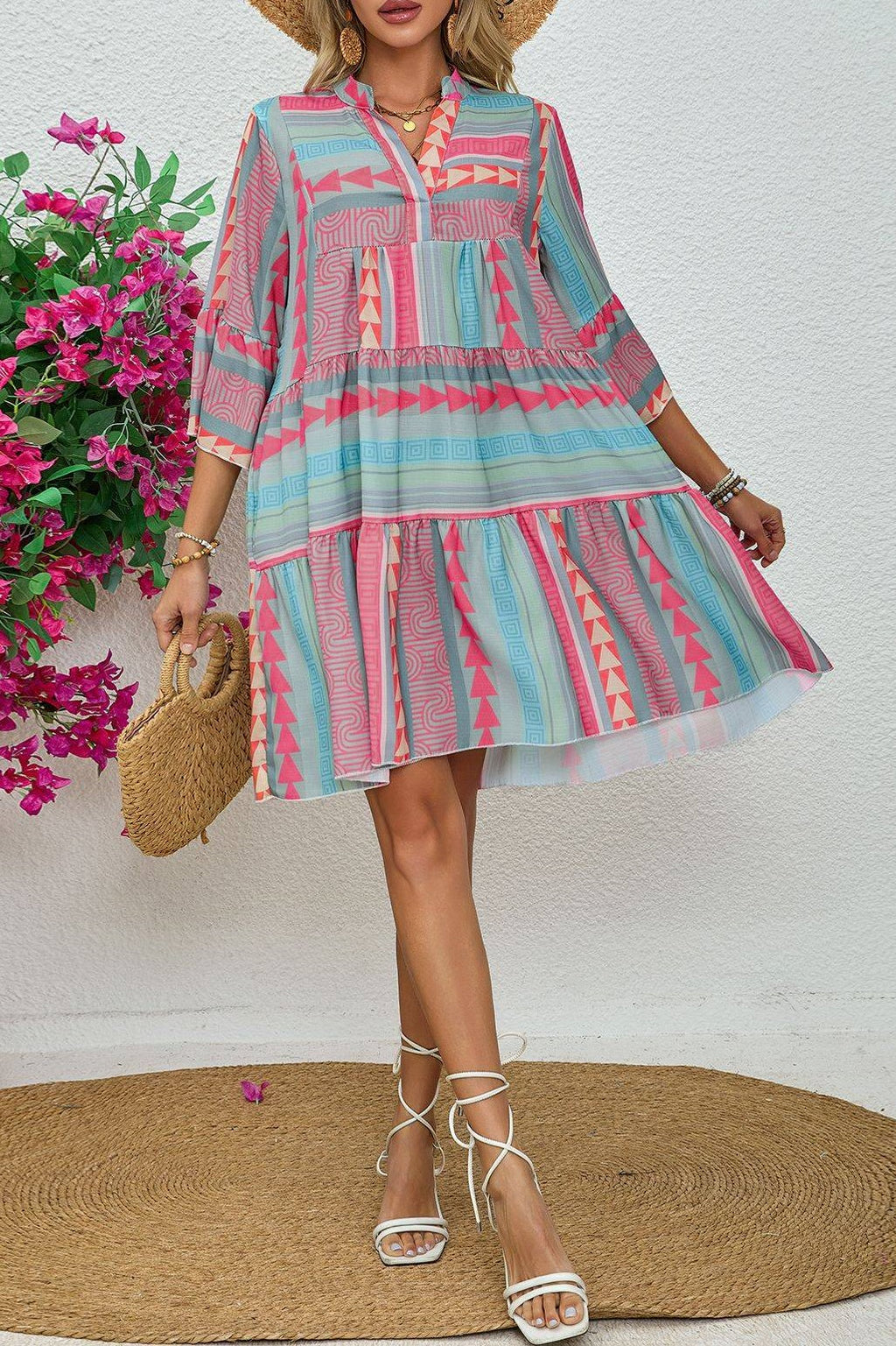 Geo Stripe Bell Sleeve Tiered Dress - pink - 8