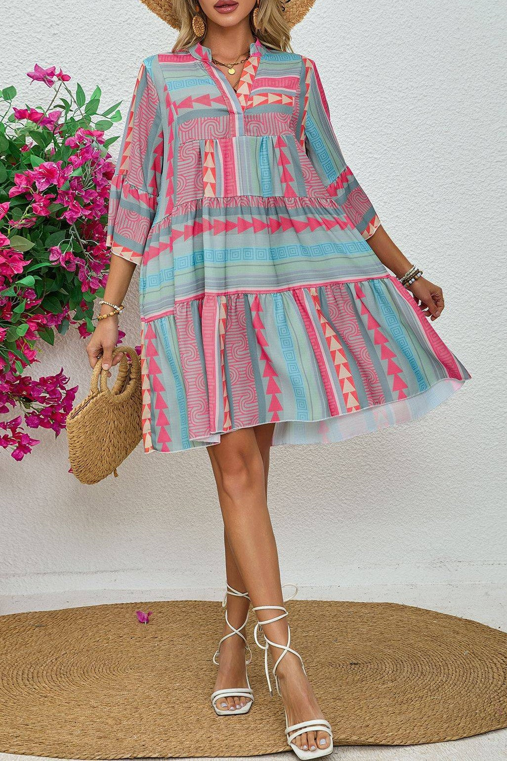 Geo Stripe Bell Sleeve Tiered Dress - pink - 8