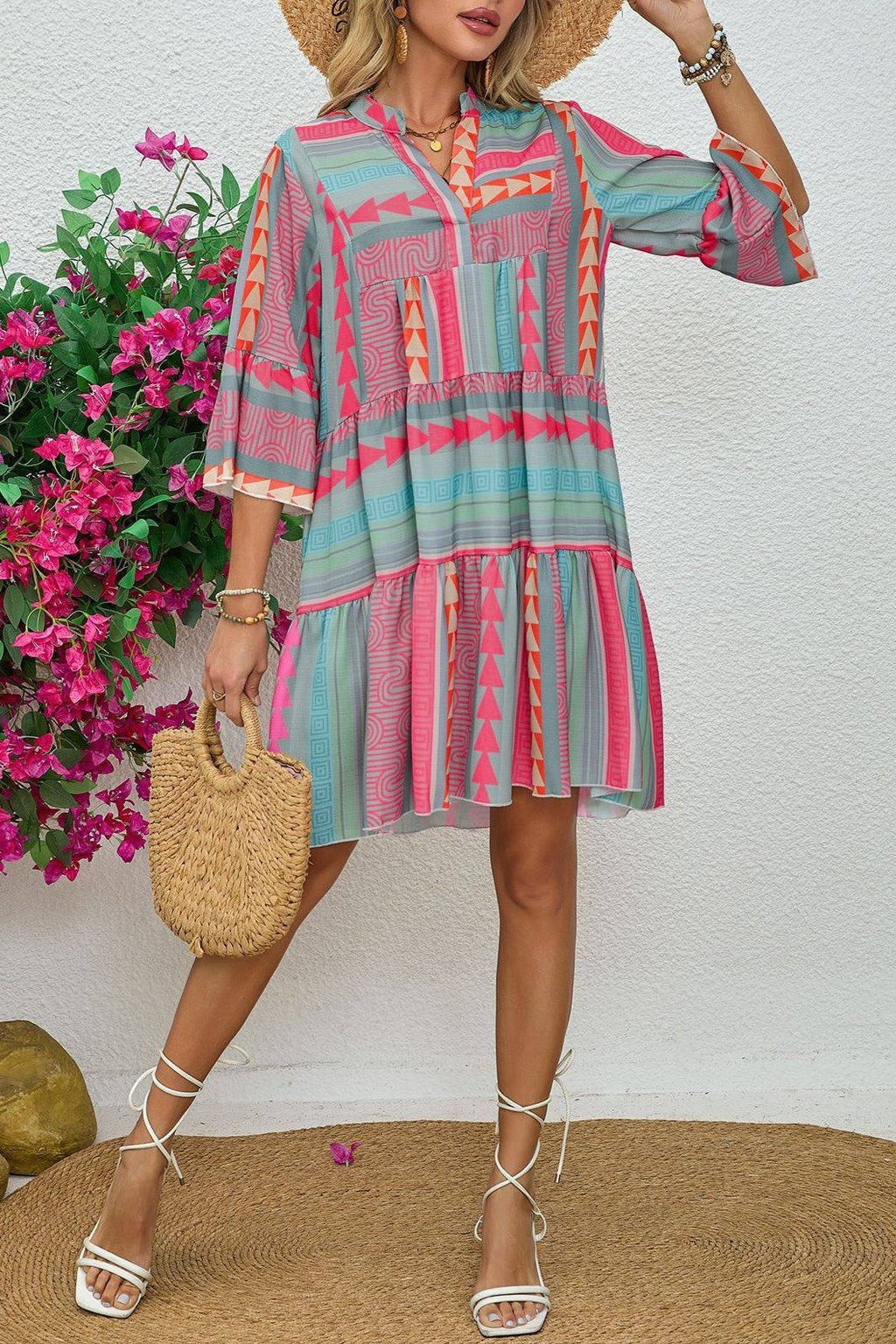 Geo Stripe Bell Sleeve Tiered Dress - pink - 9