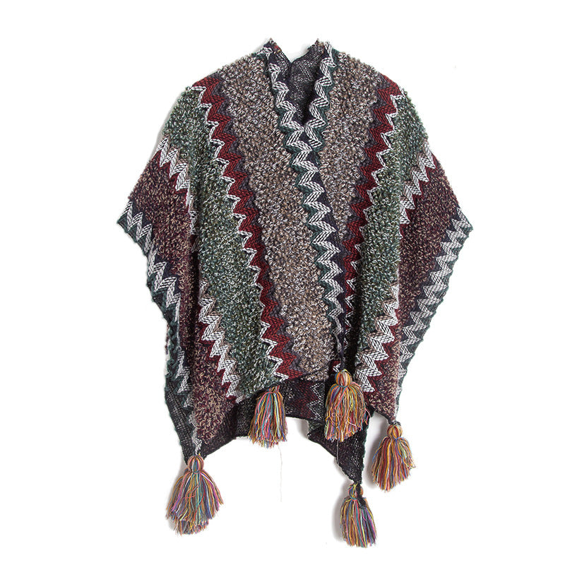 Open Front Tassel Ruana Poncho Wrap - Coffee