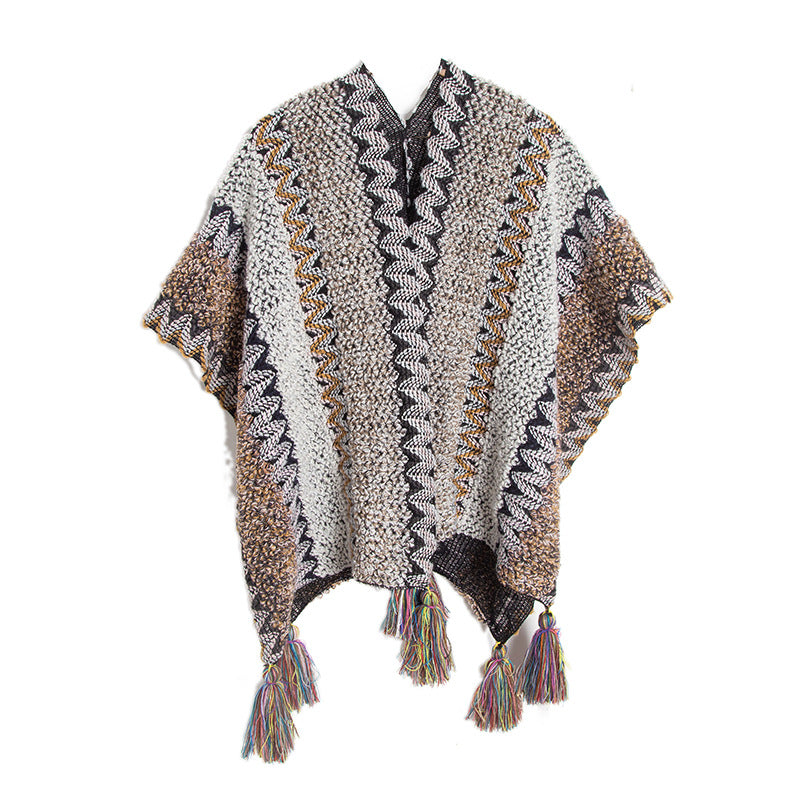 Open Front Tassel Ruana Poncho Wrap - Grey