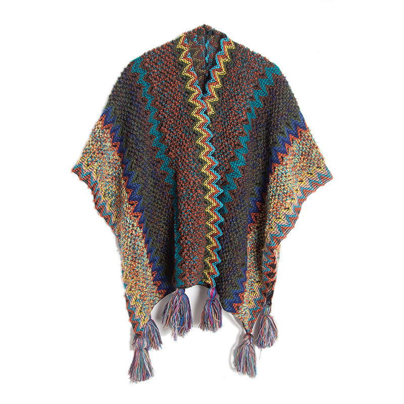 Open Front Tassel Ruana Poncho Wrap - Olive