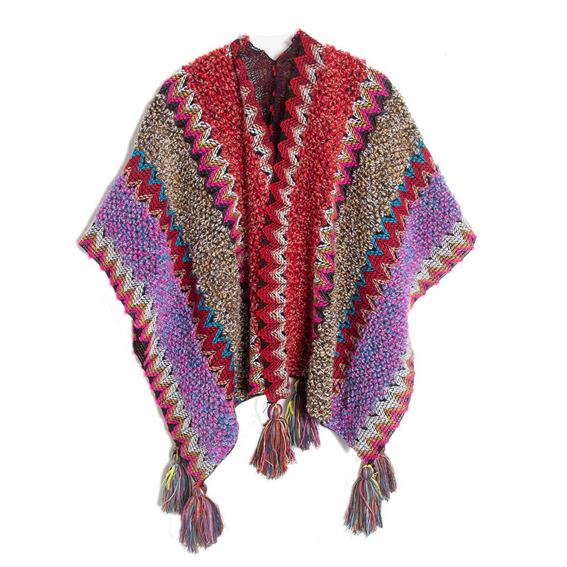 Open Front Tassel Ruana Poncho Wrap - Red