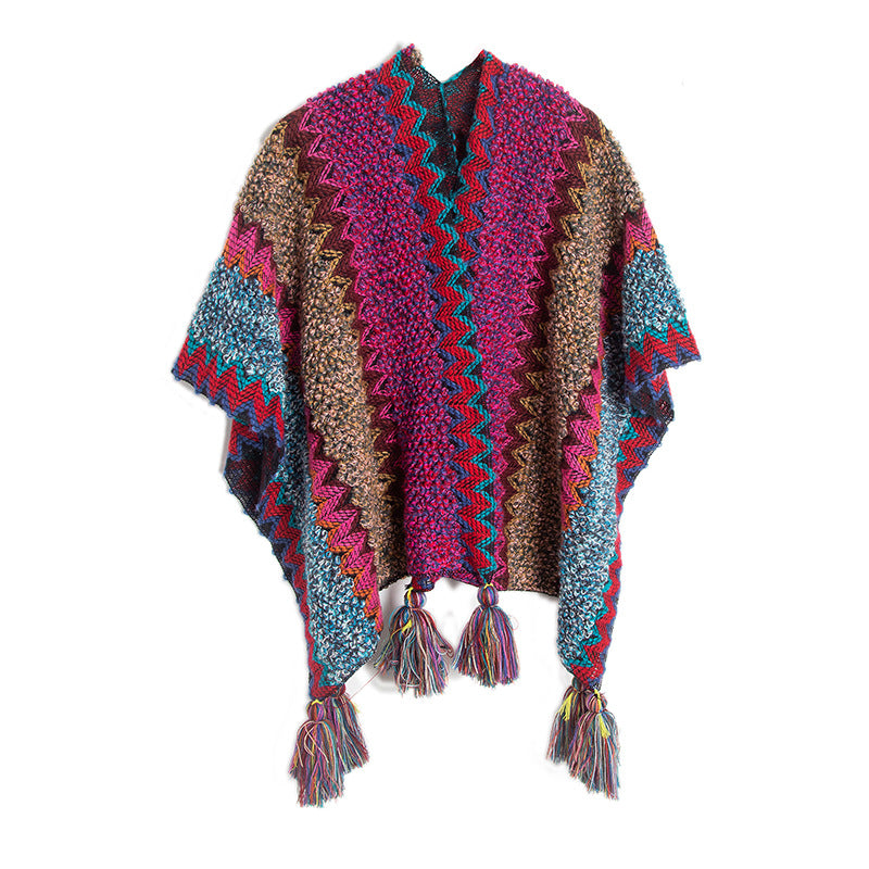 Open Front Tassel Ruana Poncho Wrap - Rose