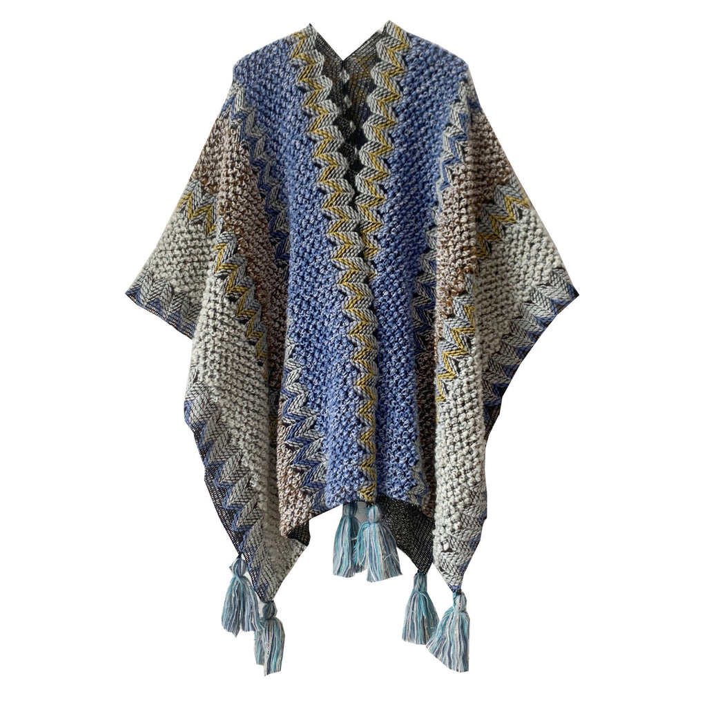 Open Front Tassel Ruana Poncho Wrap - Tan