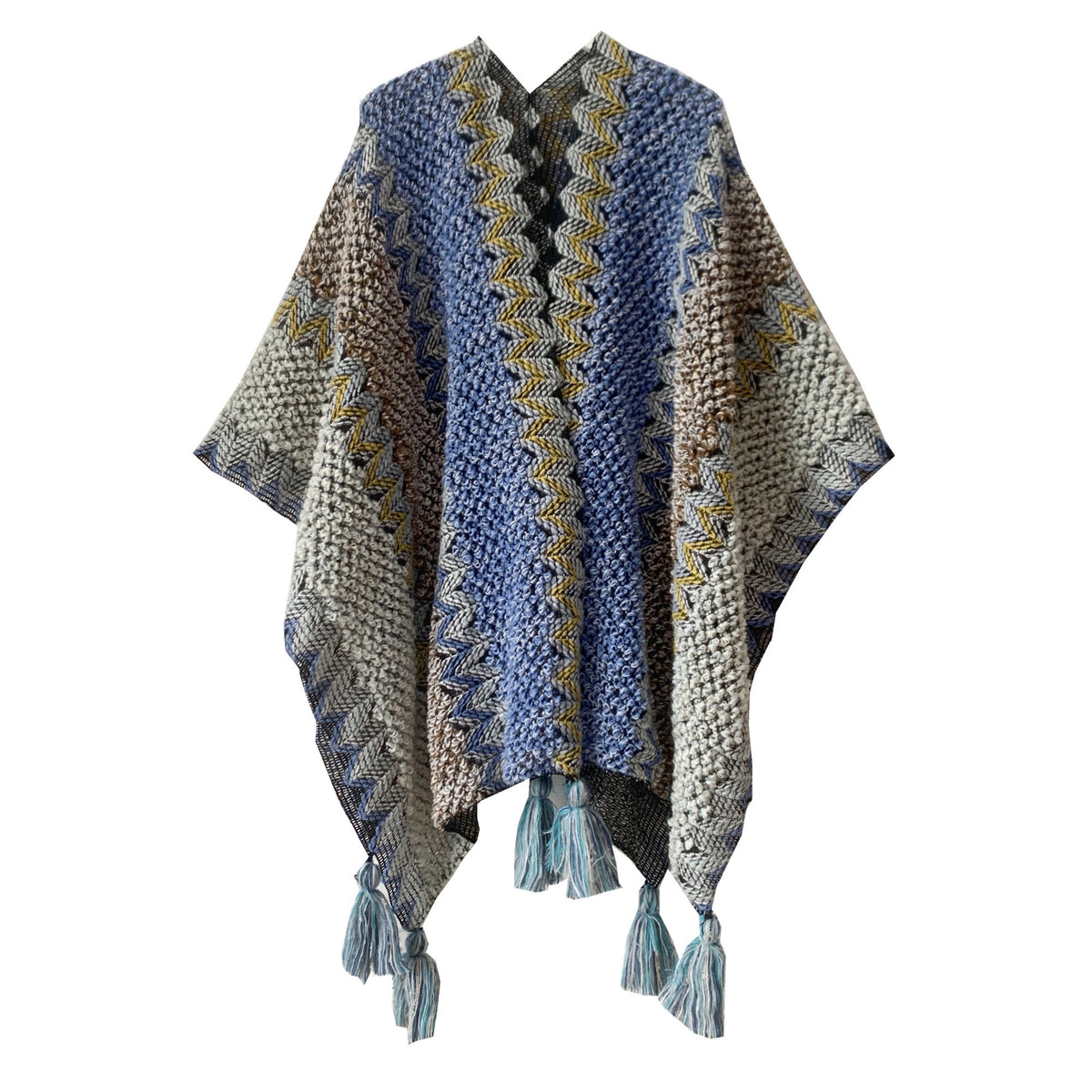 Open Front Tassel Ruana Poncho Wrap - Tan