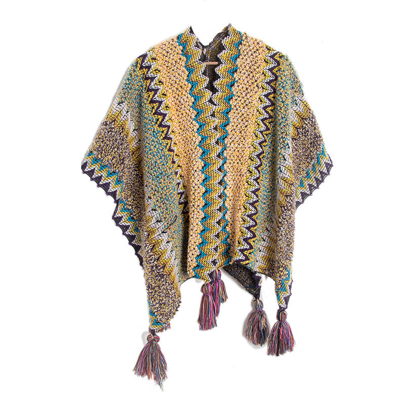Open Front Tassel Ruana Poncho Wrap - Yellow