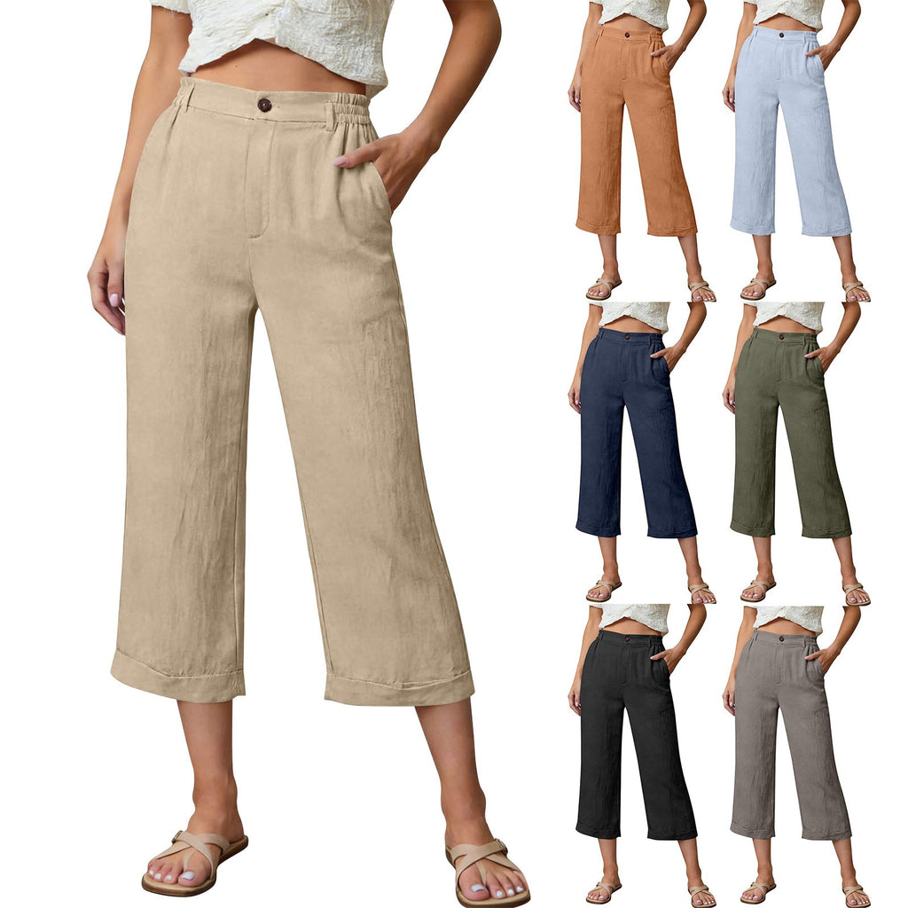 Linen-Look Button Front Wide Leg Cuffed Capri Pants