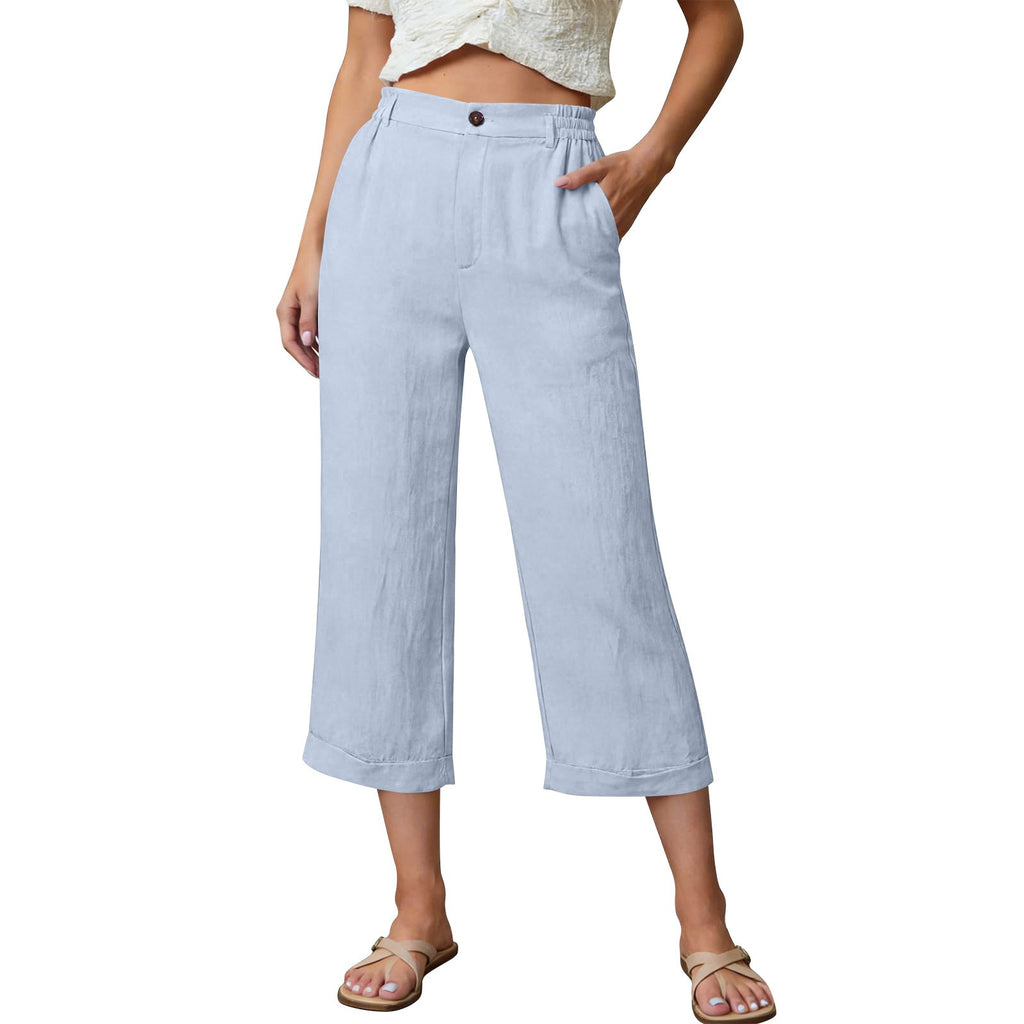 Linen-Look Button Front Wide Leg Cuffed Capri Pants