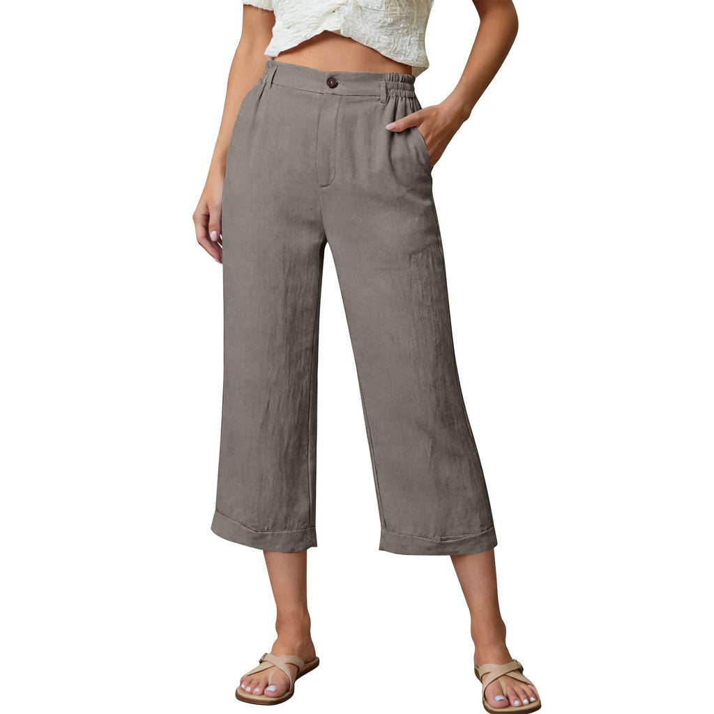 Linen-Look Button Front Wide Leg Cuffed Capri Pants
