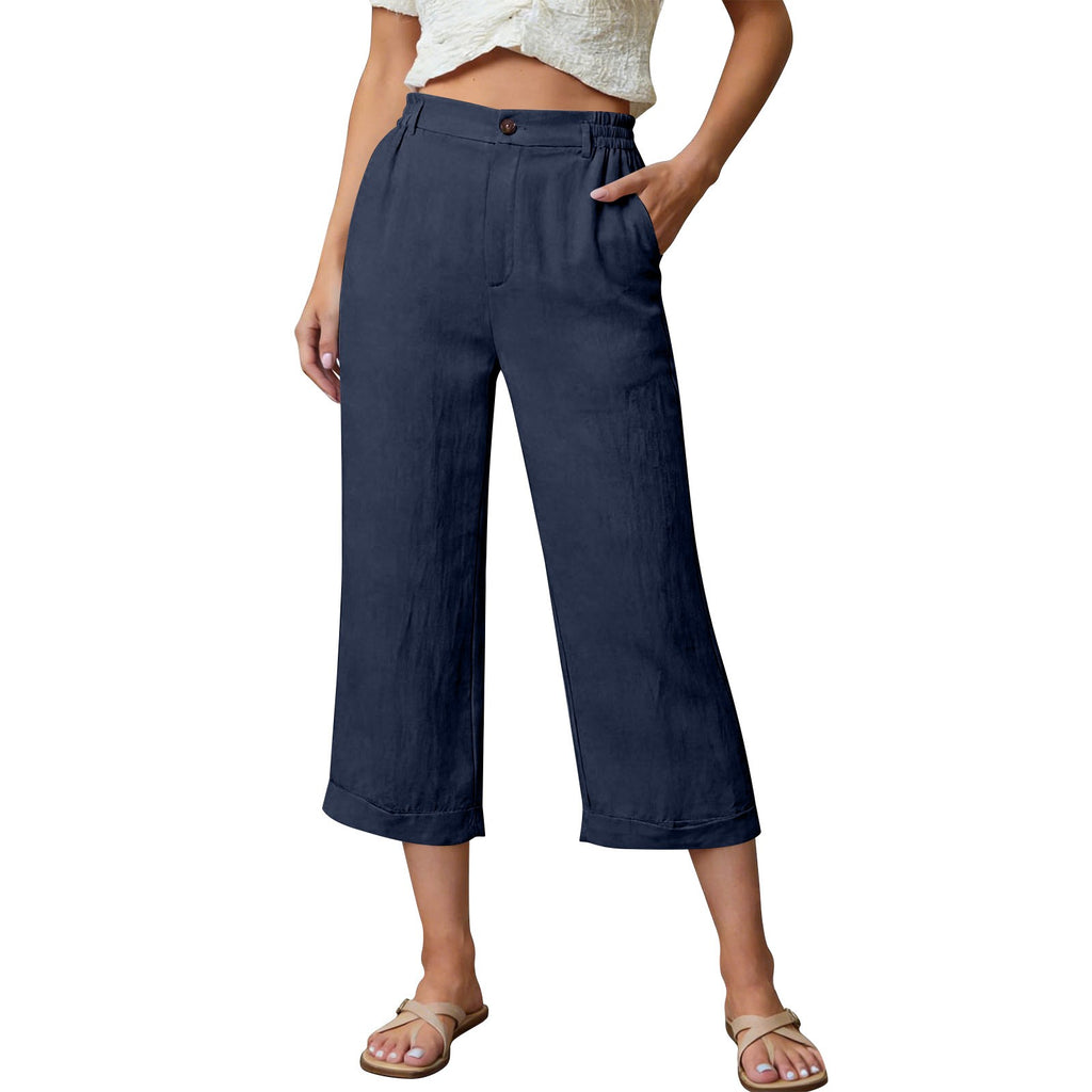 Linen-Look Button Front Wide Leg Cuffed Capri Pants