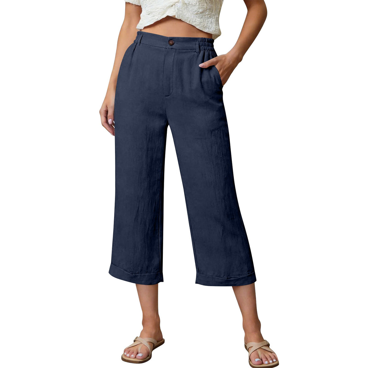 Linen-Look Button Front Wide Leg Cuffed Capri Pants