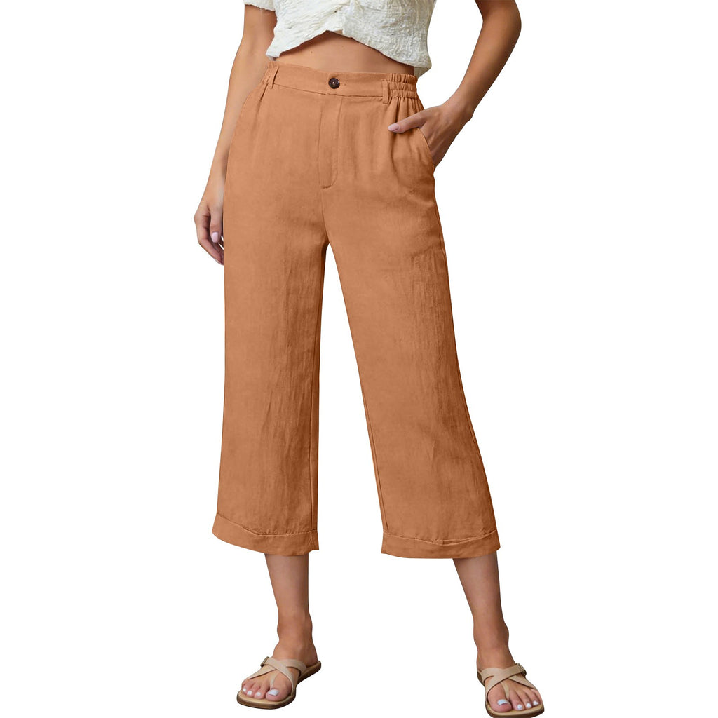 Linen-Look Button Front Wide Leg Cuffed Capri Pants