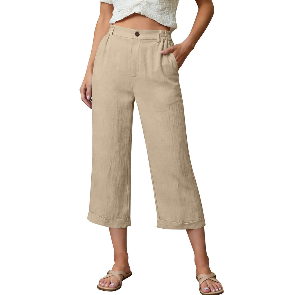 Linen-Look Button Front Wide Leg Cuffed Capri Pants