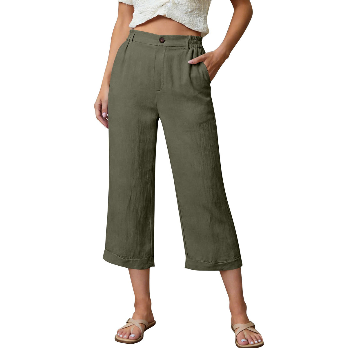 Linen-Look Button Front Wide Leg Cuffed Capri Pants